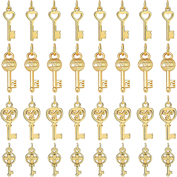 BENECREAT 32Pcs 4 Style Alloy Pendants, Long-Lasting Plated, with Jump Ring, Key, Real 18K Gold Plated, 8pcs/style
