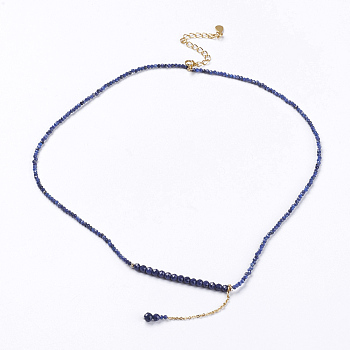 Natural Lapis Lazuli Pendant Necklaces, with Brass Findings, Faceted, Rondelle, 15.9 inch~16.5 inch(40.5~42cm), Beads: 0.3mm and 2mm, Pendant: 50x4mm