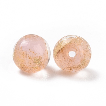 Handmade Gold Foil Glass Beads, Round, Pink, 10x9~10mm, Hole: 1.6~2mm