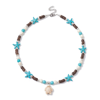 Synthetic Turquoise Tortoise Pendant Necklaces, with Starfish & Natural Coconut Beaded Chains, Beige, 15.35 inch(39cm)