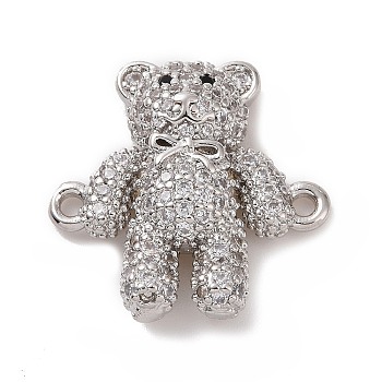 Brass Micro Pave Cubic Zirconia Connector Charms, Bear Links, Platinum, Clear, 18x17.5x4.5mm, Hole: 1.2mm