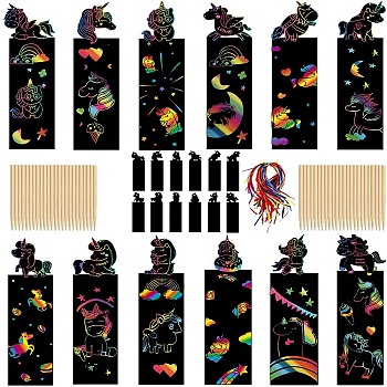 Scratch Rainbow Painting Art Paper, DIY Animal Bookmark, with Paper Card, Wood Sticks , Horse, 15x4.5cm, 12pcs/set