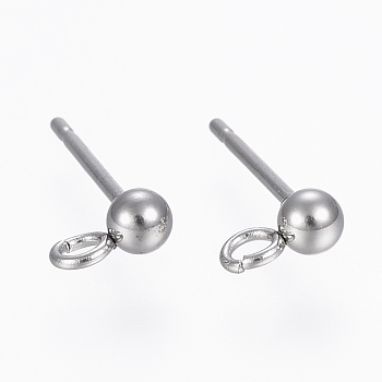 304 Stainless Steel Ball Stud Earring Post, Earring Findings, with Loop, Round, Stainless Steel Color, 14x3mm, Hole: 2mm, Pin: 0.8mm, Round: 3mm