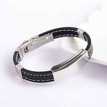 Trendy Unisex PU Leather Cord Bracelets, with 304 Stainless Steel Slider Charms and Watch Band Clasps, Black, 64x56mm