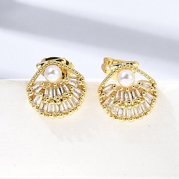 Brass Micro Pave Clear Cubic Zirconia Stud Earrings, Shell Shape, with ABS Plastic Imitation Pearl, Rack Plating, Long-Lasting Plated, Cadmium Free & Lead Free, Real 18K Gold Plated, 11.5x11.5mm