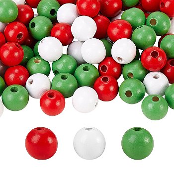 300Pcs 3 Colors Painted Natural Wood Beads, Round, Mixed Color, 16mm, Hole: 4mm, 100pcs/color
