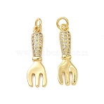 Brass Micro Pave Clear Cubic Zirconia Pendants, Fork Charms, Real 16K Gold Plated, 24.5x7.5x3mm, Jump Ring: 5x1mm, Inner Diameter: 3.5mm(KK-F930-15G)