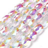Faceted Electroplated Transparent Glass Beads Strands, Half Rainbow Plated, Oval, Clear, 10.5x8x5mm, Hole: 1.5mm, about 58~60pcs/strand, 25.59 inch(65cm)(GLAA-G092-B03)
