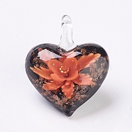 Handmade Lampwork Pendants, Inner Flower, Heart, Orange, 38x33x16mm, Hole: 6x6mm(LAMP-F009-09A)