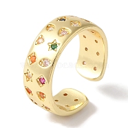 Brass Micro Pave Colorful Cubic Zirconia Star/Rhombus/Heart Wide Open Cuff Rings for Women, Real 18K Gold Plated, 7.5mm, Adjustable(RJEW-C098-31G)