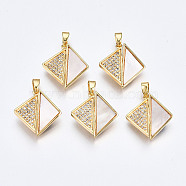 Brass Micro Pave Clear Cubic Zirconia Pendants, with White Sea Shell, Nickel Free, Cross Triangle, Real 18K Gold Plated, 19x17.5x2mm, Hole: 2.5x4.5mm(KK-Q277-008-NF)