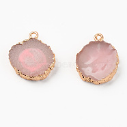 Druzy Resin Pendants, with Edge Light Gold Plated Iron Loops, Flat Round, Pink, 21~23x17~18.5x5.5mm, Hole: 1.8mm(RESI-R428-005A)