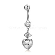 Piercing Jewelry, Brass Cubic Zirciona Navel Ring, Belly Rings, with 304 Stainless Steel Bar, Lead Free & Cadmium Free, Heart, Clear, 41mm, Pendant: 19x10mm, Bar: 14 Gauge(1.6mm), Bar Length: 3/8"(10mm)(AJEW-EE0006-71A-P)