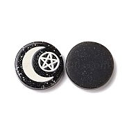 Resin Cabochons, with Glitter Powder, Flat Round with Moon & Pentagram Pattern, Black, 29x5.5mm(RESI-G055-02B)