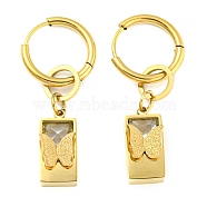 Ion Plating(IP) 304 Stainless Steel Rectangle with Butterfly Dangle Hoop Earrings, with Glass Beaded for Women, Golden, 38x7.5mm(EJEW-P233-04G)