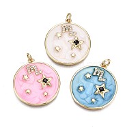 Brass Micro Pave Clear Cubic Zirconia Pendants, with Enamel and Jump Rings, Cadmium Free & Nickel Free & Lead Free, Real 16K Gold Plated, Flat Round with Star, Mixed Color, 26x23.5x4mm, Jump Ring: 5x1mm, 3mm inner diameter(ZIRC-S067-016-NR)