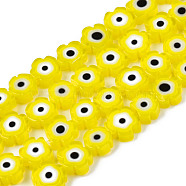 Handmade Lampwork Beads Strands, Flower with Evil Eye, Yellow, 6~7x6~7.5x3mm, Hole: 0.7mm, about 63~65pcs/strand, 15.75 inch~15.94 inch(40~40.5cm)(LAMP-N023-002C-09)