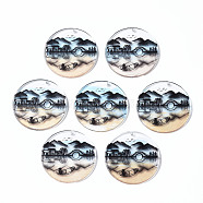 Transparent Printed Acrylic Pendants, Flat Round with Building and Scenery, Colorful, 35x2.5mm, Hole: 1.6mm(KY-S163-300)
