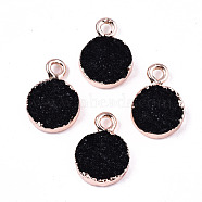 Druzy Resin Charms, with Edge Rose Gold Plated Iron Loops, Flat Round with Lowercase Letter a, Black, 14x10x3mm, Hole: 1.8mm(RESI-S383-069)