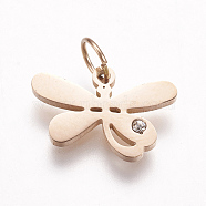 316 Surgical Stainless Steel Pendants, with Rhinestone, Dragonfly Charms, Rose Gold, 10x15x1.5mm, Hole: 3.5mm(KK-I612-06RG)