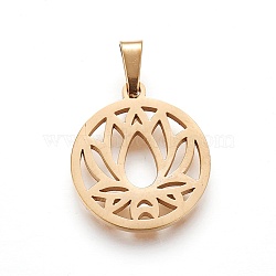 304 Stainless Steel Pendants, Ring with Lotus, Golden, 19~20x16~17x1.5mm, Hole: 5x2.5mm(STAS-P234-39G)