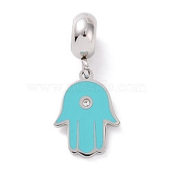 304 Stainless Steel European Dangle Charms, Large Hole Pendants, with Crystal Rhinestone and Enamel, Hamsa Hand/Hand of Miriam, Stainless Steel Color, Turquoise, 24mm, Hole: 4.5mm, Pendant: 15x11x1.5mm(STAS-I177-24B-P)
