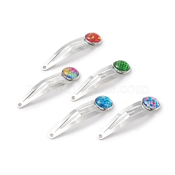 Iron Snap Hair Clips, with Half Round/Dome with Fish Scale Pattern Glass Cabochons for Woman Girls, Platinum, Mixed Color, 53x13.5x5mm(PHAR-JH00083)
