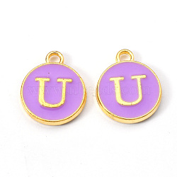 Golden Plated Alloy Enamel Charms, Enamelled Sequins, Flat Round with Letter, Medium Purple, Letter.U, 14x12x2mm, Hole: 1.5mm(X-ENAM-S118-10U)