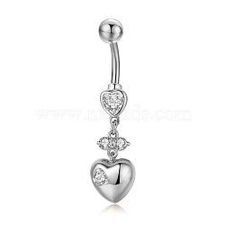 Piercing Jewelry, Brass Cubic Zirciona Navel Ring, Belly Rings, with 304 Stainless Steel Bar, Lead Free & Cadmium Free, Heart, Clear, 41mm, Pendant: 19x10mm, Bar: 14 Gauge(1.6mm), Bar Length: 3/8"(10mm)(AJEW-EE0006-71A-P)