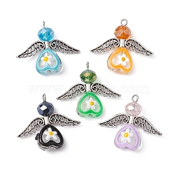 Glass Heart with Tibetan Style Alloy Wings Pendant, with 304 Stainless Steel Loops, Fairy Charms, Mixed Color, 26x30x8mm, Hole: 2mm(PALLOY-JF02261)