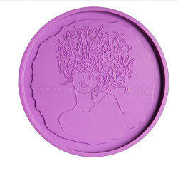 Cup Mat Silicone Bust Statue Molds, Resin Casting Coaster Molds, For UV Resin, Epoxy Resin Craft Making, Flat Round with Goddess Girl Pattern, Medium Orchid, 130x8mm(SIMO-PW0002-15A)