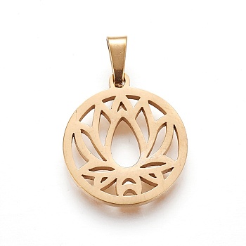 304 Stainless Steel Pendants, Ring with Lotus, Golden, 19~20x16~17x1.5mm, Hole: 5x2.5mm