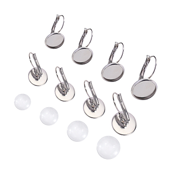 DIY Ring Making, with 304 Stainless Steel Leverback Earring Findings and Transparent Glass Cabochons, Flat Round, Stainless Steel Color, 8.2x8.2x2.7cm, 80pcs/box