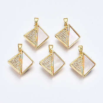 Brass Micro Pave Clear Cubic Zirconia Pendants, with White Sea Shell, Nickel Free, Cross Triangle, Real 18K Gold Plated, 19x17.5x2mm, Hole: 2.5x4.5mm