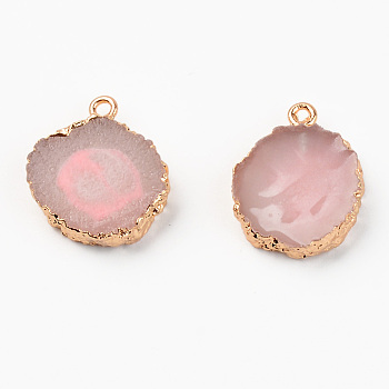 Druzy Resin Pendants, with Edge Light Gold Plated Iron Loops, Flat Round, Pink, 21~23x17~18.5x5.5mm, Hole: 1.8mm