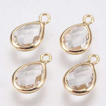 Glass Charms, with Brass Findings, Faceted Teardrop, Clear, Nickel Free, Real 18K Gold Plated, 12x7x3mm, Hole: 1.2mm