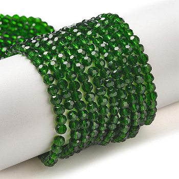Transparent Glass Beads Strands, Faceted(32 Facets), Round, Dark Green, 3~3.5mm, Hole: 0.6mm, about 174~175pcs/strand, 21.18~21.34 inch(53.8~54.2cm)