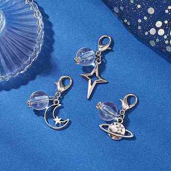 Clear Acrylic & Alloy Star & Moon & Planet Pendant Decorations, with Lobster Claw Clasps, Platinum, 33~36mm, 3pcs/set