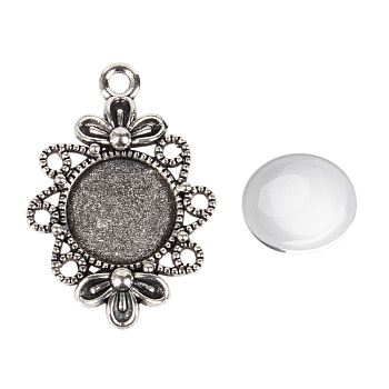 Pendant Making Sets, with Tibetan Style Filigree Alloy Pendant Cabochon Settings and Glass Cabochons, Antique Silver, Flat Round Tray: 12mm, 30x21x3mm, Hole: 2mm, 11.5~12x4mm