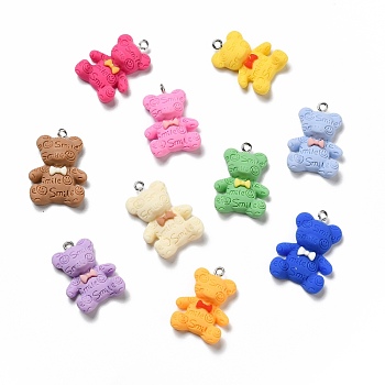 Opaque Resin Pendants, with Platinum Tone Iron Loops, Bear with Bowknot, Mixed Color, 27~30x20~21.5x4.5~5mm, Hole: 2mm