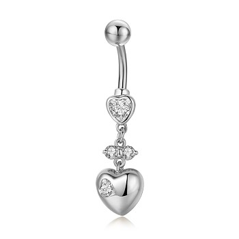 Piercing Jewelry, Brass Cubic Zirciona Navel Ring, Belly Rings, with 304 Stainless Steel Bar, Lead Free & Cadmium Free, Heart, Clear, 41mm, Pendant: 19x10mm, Bar: 14 Gauge(1.6mm), Bar Length: 3/8"(10mm)