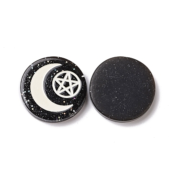 Resin Cabochons, with Glitter Powder, Flat Round with Moon & Pentagram Pattern, Black, 29x5.5mm