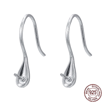 Rhodium Plated Sterling Silver Earring Hooks, with Cup Pearl Bail Pin for Half Drilled Beads, Platinum, 15x3.5x12mm, Bail Pin: 0.6mm, Pin: 0.7mm