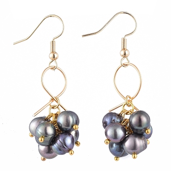 Natural Cultured Freshwater Pearl Dangle Earrings, with Golden Plated Brass Earring Hooks, Copper Wire and Cardboard Boxes, Prussian Blue, 50mm, Pin: 0.8mm