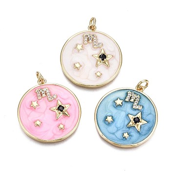 Brass Micro Pave Clear Cubic Zirconia Pendants, with Enamel and Jump Rings, Cadmium Free & Nickel Free & Lead Free, Real 16K Gold Plated, Flat Round with Star, Mixed Color, 26x23.5x4mm, Jump Ring: 5x1mm, 3mm inner diameter