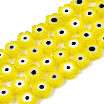 Handmade Lampwork Beads Strands, Flower with Evil Eye, Yellow, 6~7x6~7.5x3mm, Hole: 0.7mm, about 63~65pcs/strand, 15.75 inch~15.94 inch(40~40.5cm)