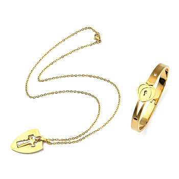 304 Stainless Steel Heart Lock Bangle with Cubic Zirconia, Key Pendant Necklace, Couple Jewelry Set for Valentine's Day, Golden, 496mm, Inner Diameter: 58mm.