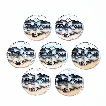 Transparent Printed Acrylic Pendants, Flat Round with Building and Scenery, Colorful, 35x2.5mm, Hole: 1.6mm