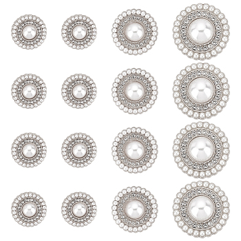 3 Style Alloy Rhinestone Shank Buttons, with Plastic Imitation Pearls, 1-Hole, Flat Round, Platinum, 15~25x9~12.5mm, Hole: 2mm, 16pcs/box
