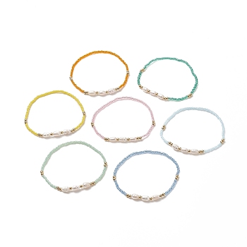 7Pcs 7 Color Natural Shell & Seed & Brass Beaded Stretch Bracelets Set for Women, Mixed Color, Inner Diameter: 2 inch(5.15cm), 1Pc/color